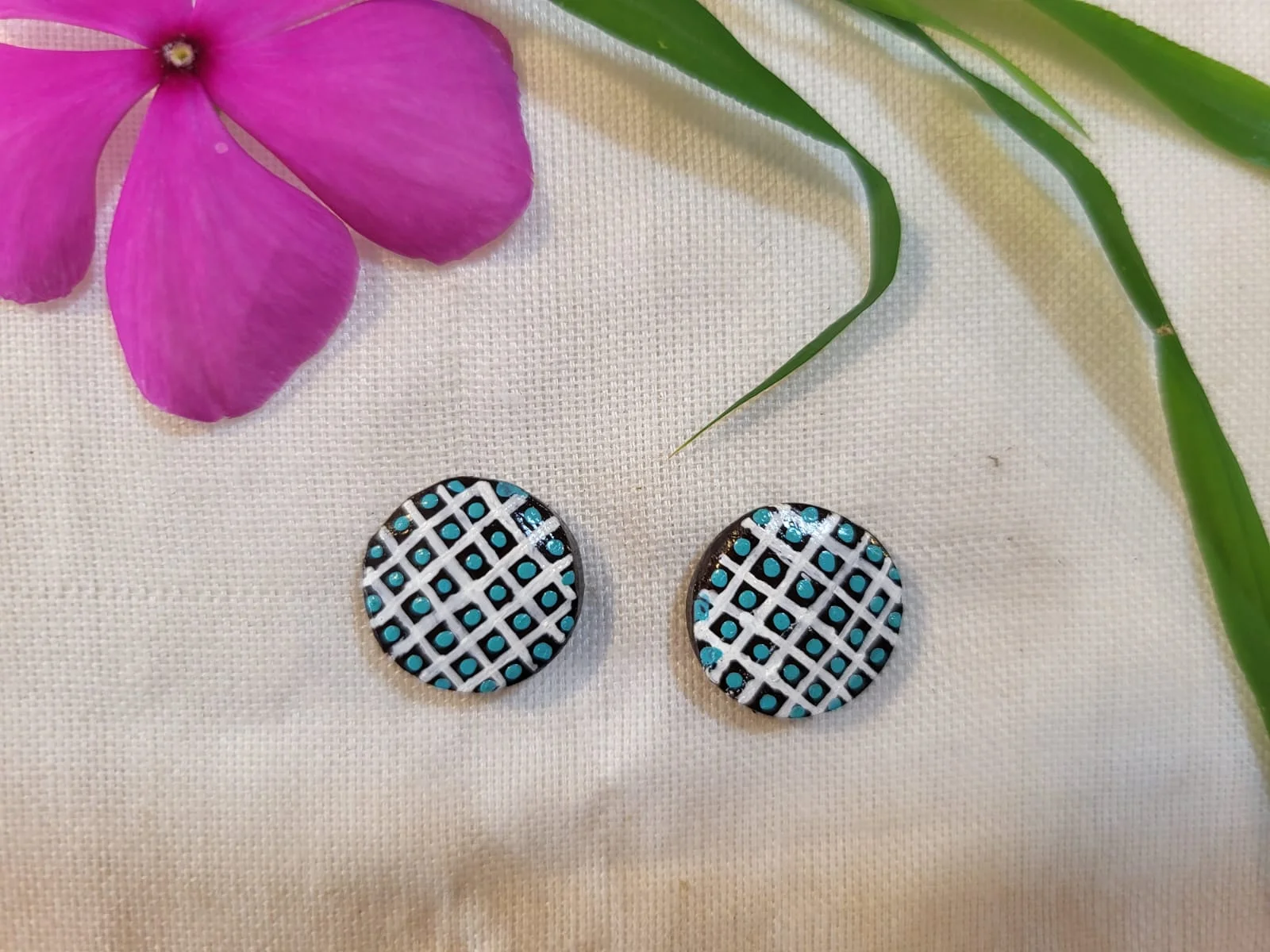 Teal Grid Lattice Stud Earrings